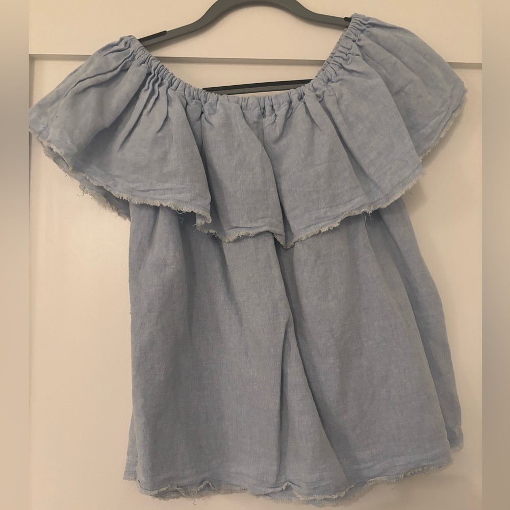 Light Blue Off-Shoulder Ruffle Blouse - Picture 2 of 3
